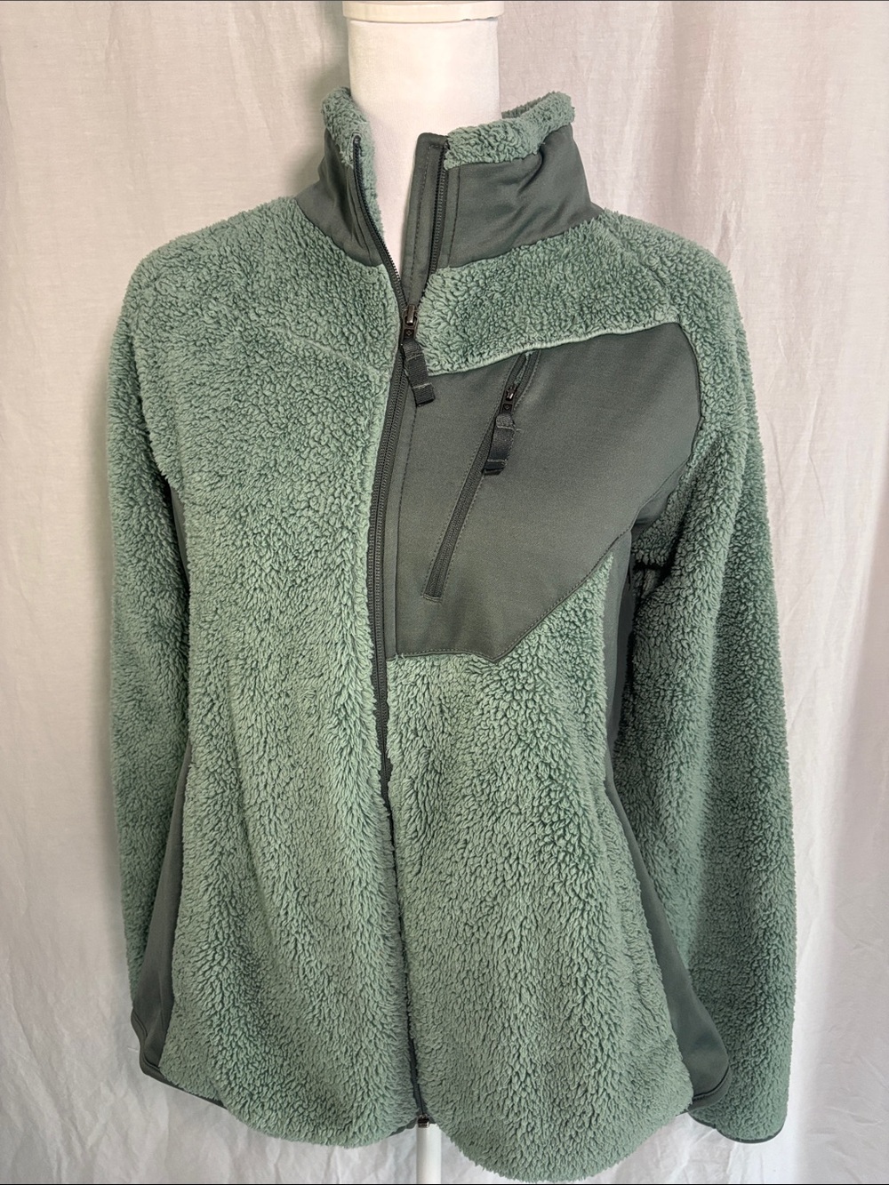 Women's Sage Green Teddy Fleece Jacket with Zip Chest Pocket